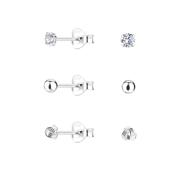 Silver Round Stud Earrings Set - 22331
