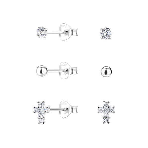 Silver Cross Stud Earrings Set - 22325
