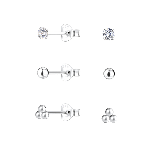 Silver Ball Stud Earrings Set - 22324