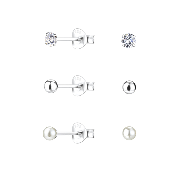 3mm Mixed Silver Stud Earrings Set - 22326