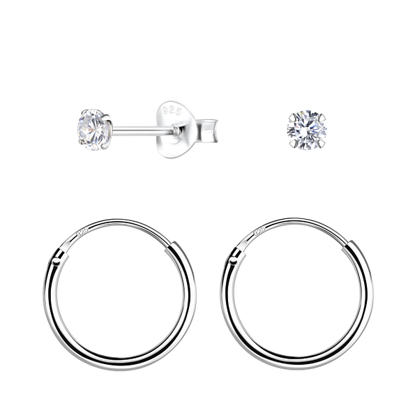 3mm Round Cubic Zirconia Silver Stud and Hoop Earrings Set - 22348 3mm Round Cubic Zirconia Silver Stud and Hoop Earrings Set - 22348