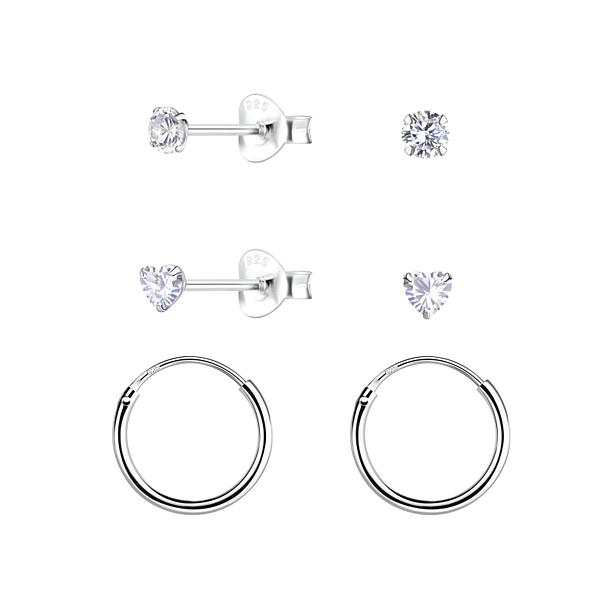 3mm Heart Cubic Zirconia Silver Stud and Hoop Earrings Set - 22350