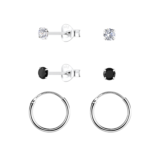 3mm Round Cubic Zirconia Silver Stud and Hoop Earrings Set - 22368