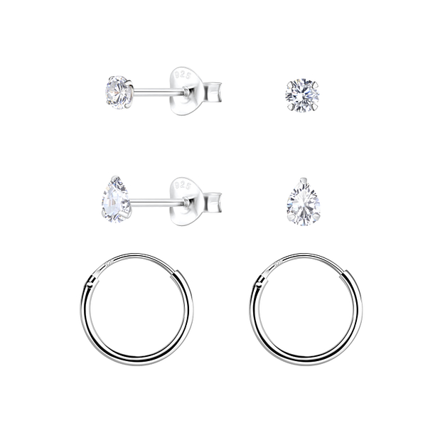 Silver Cubic Zirconia Stud and Hoop Earrings Set - 22354