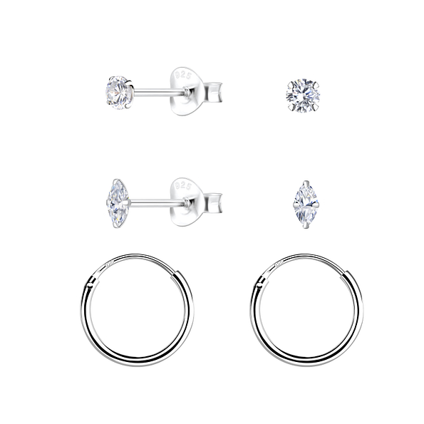 Silver Basic Cubic Zirconia Studs and Hoop Earrings Set - 22364
