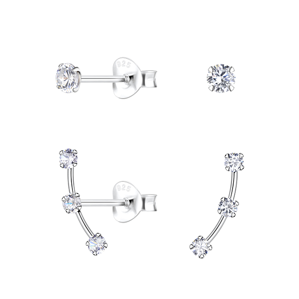 Silver Curved Bar Stud Earrings Set - 22321