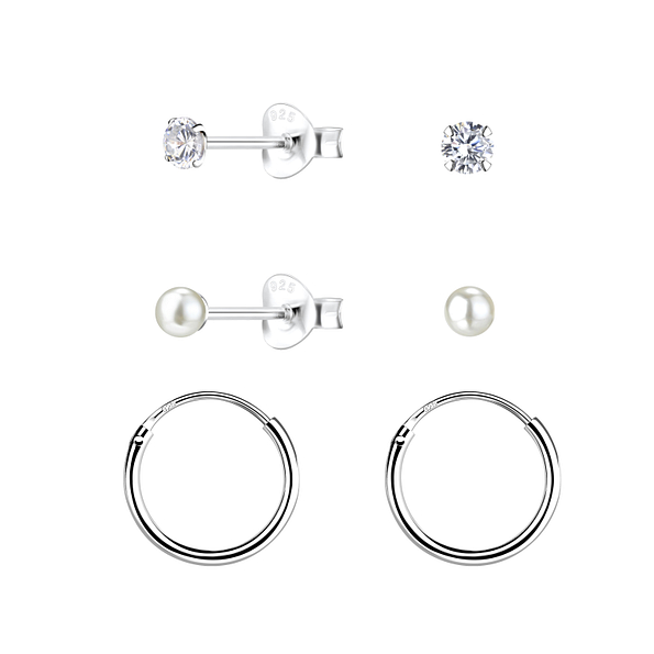 3mm Mixed Silver Studs and Hoop Earrings Set - 22367