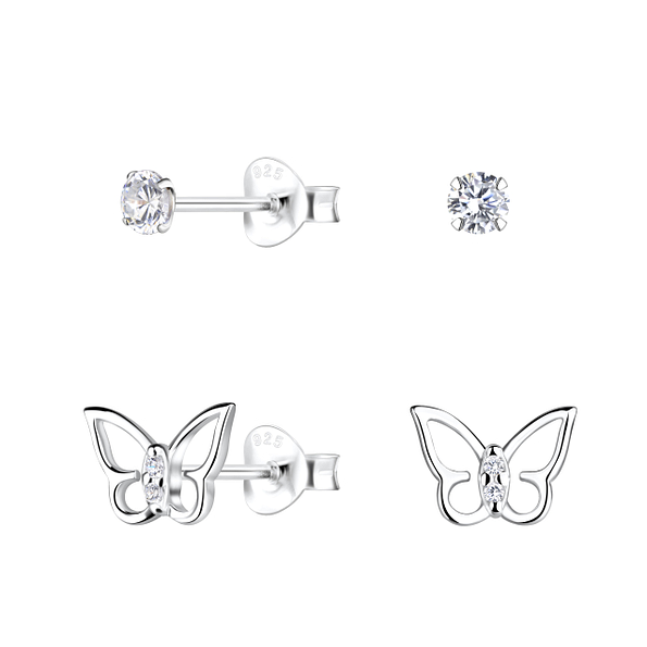 Silver Butterfly Stud Earrings Set - 22313