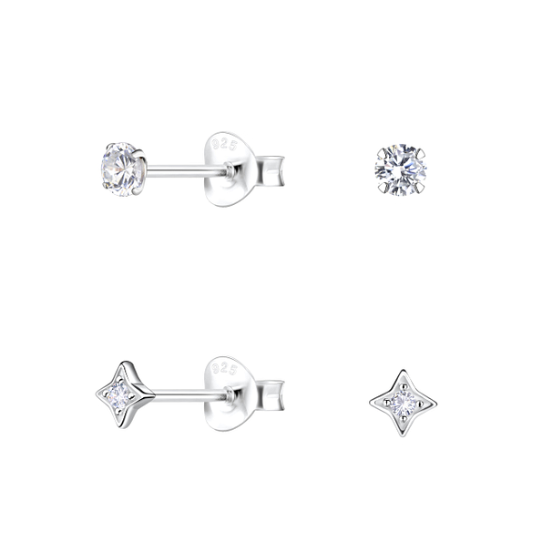 Silver Star Stud Earrings Set - 22315