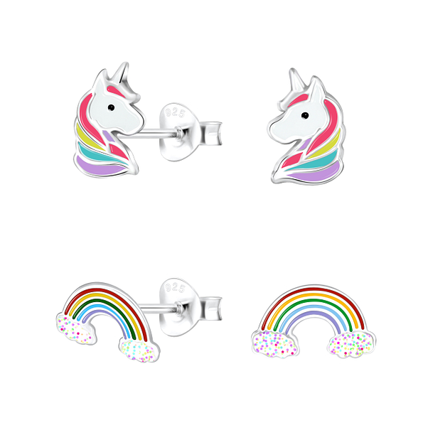 Silver Unicorn and Rainbow Stud Earrings Set - 22269