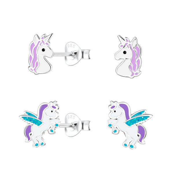 Silver Unicorn Stud Earrings Set - 22292