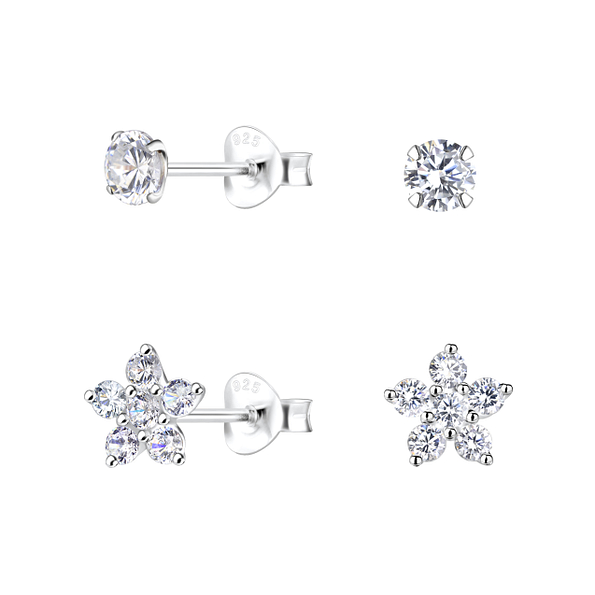 Silver Flower Stud Earrings Set - 22320