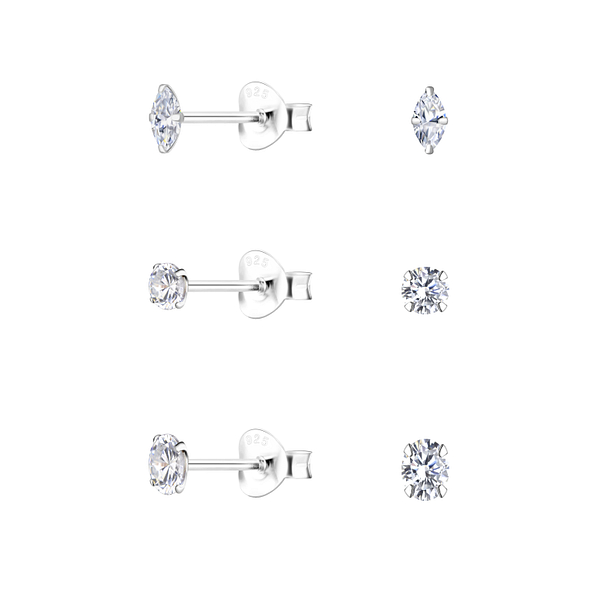 Silver Mixed Cubic Zirconia Stud Earrings Set - 22380 Silver Mixed Cubic Zirconia Stud Earrings Set - 22380