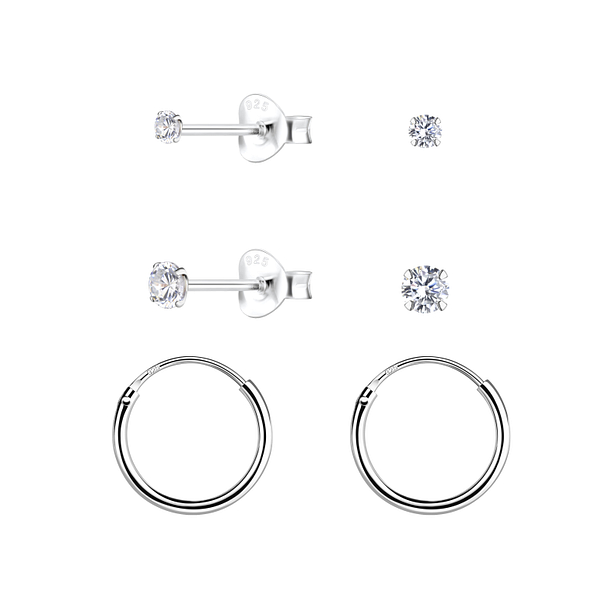 Silver Round Cubic Zirconia Studs and Hoop Earrings Set - 22357