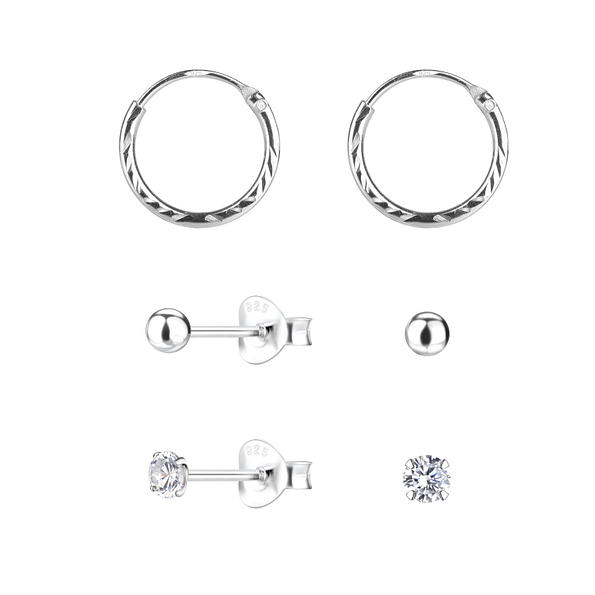 3mm Basic Silver Studs and Hoop Earrings Set - 22366