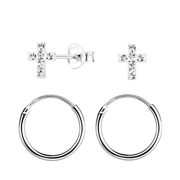 Silver Cross Stud and Hoop Earrings Set - 22349