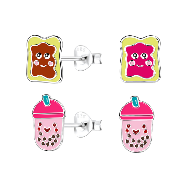 Silver Breakfast Treats Stud Earrings Set - 22305