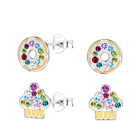 Silver Donut and Cupcake Stud Earrings Set - 22293 Silver Donut and Cupcake Stud Earrings Set - 22293