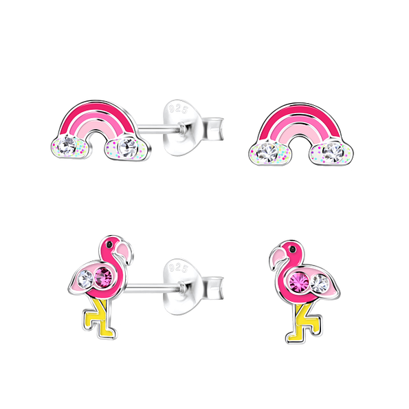 Silver Flamingo Stud Earrings Set - 22303