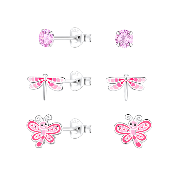 Silver Dragonfly and Butterfly Stud Earrings Set - 22311