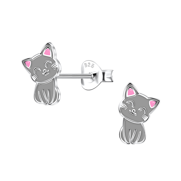 Silver Cat Stud Earrings - 22145