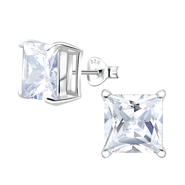10mm Square Cubic Zirconia Silver Stud Earrings - 22236