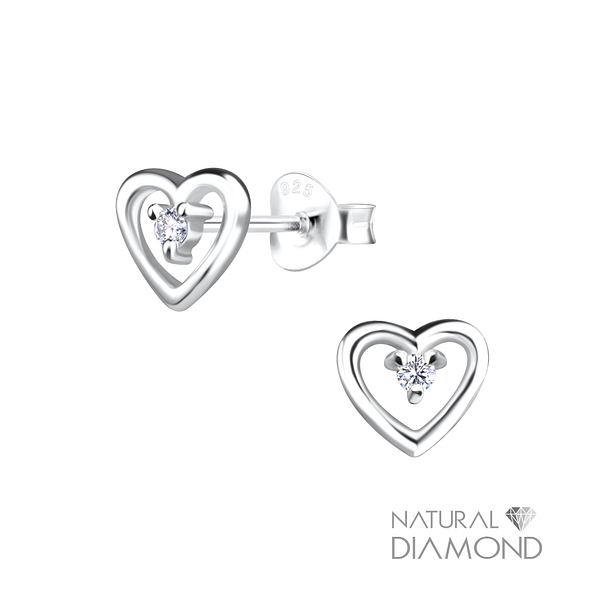 Silver Heart Stud Earrings With Natural Diamond - 9430 Silver Heart Stud Earrings With Natural Diamond - 9430