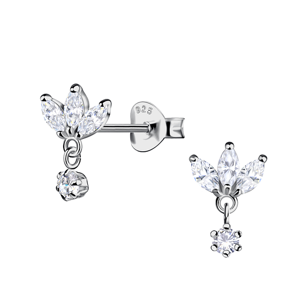 Silver Flower Stud Earrings with Hanging Stone - 22209