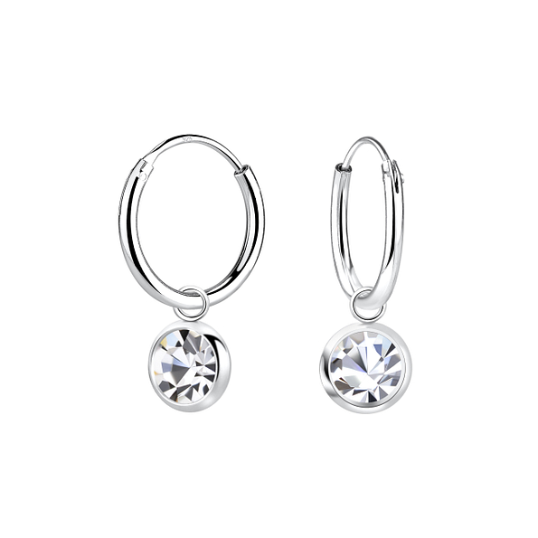 5mm Crystal Silver Solitaire Charm Hoop Earrings - 22263
