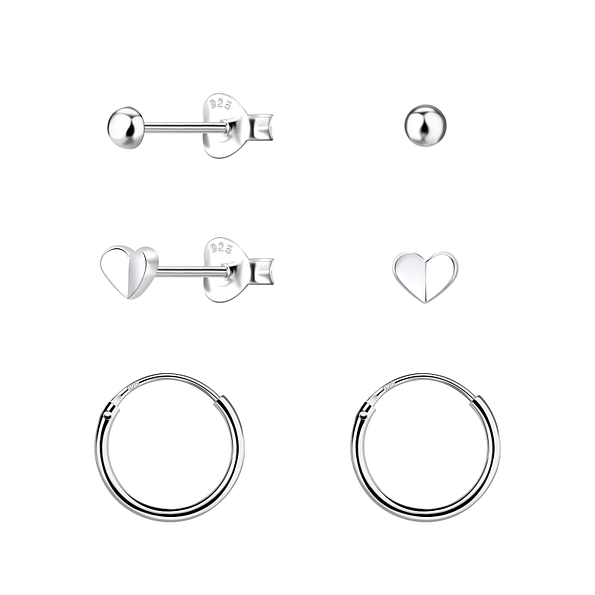 Silver Heart Stud and Hoop Earrings Set - 22809 Silver Heart Stud and Hoop Earrings Set - 22809