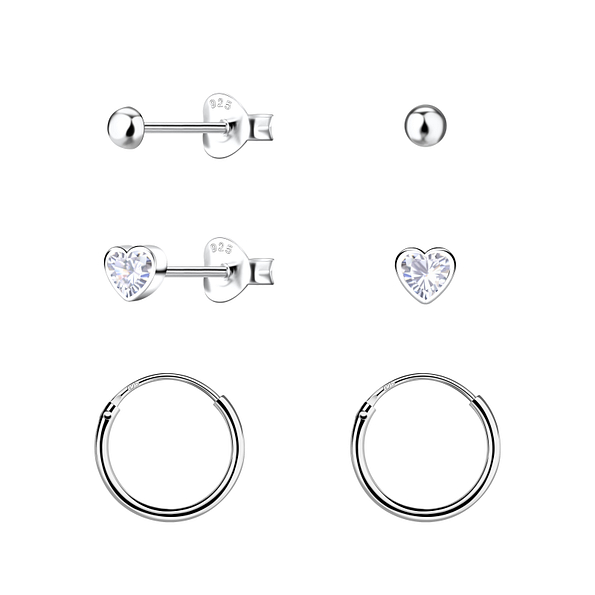 Silver Heart Stud and Hoop Earrings Set - 22805