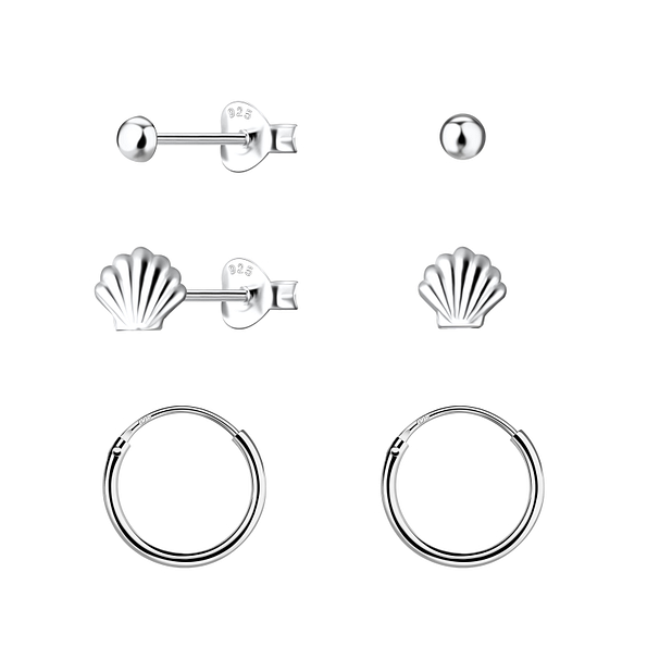 Silver Shell Stud and Hoop Earrings Set - 22807