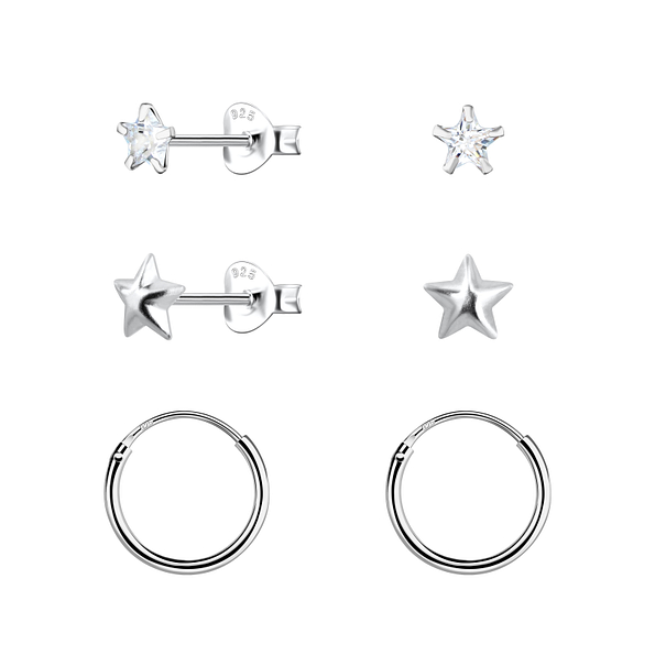 Silver Star Stud and Hoop Earrings Set - 22799 Silver Star Stud and Hoop Earrings Set - 22799