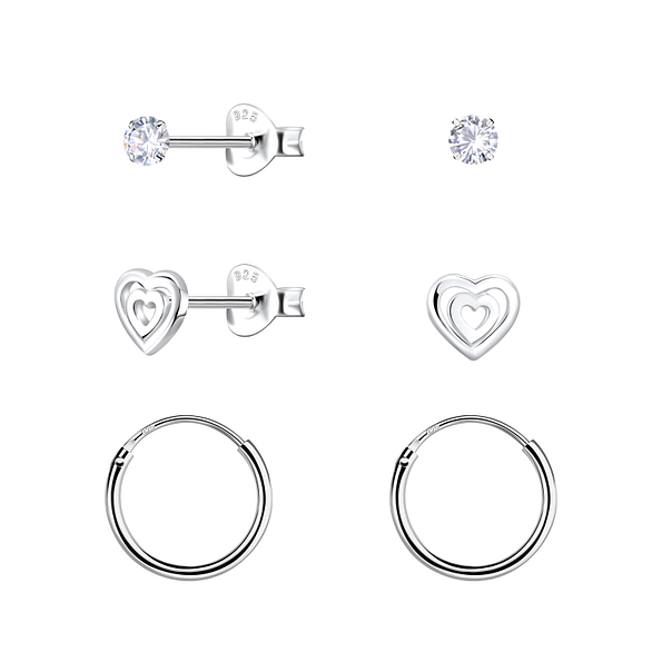 Silver Heart Stud and Hoop Earrings Set - 22806