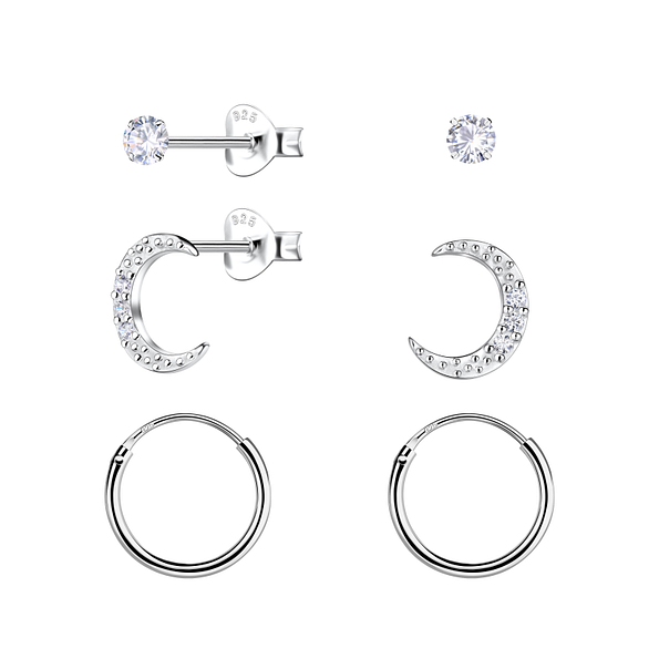 Silver Moon Stud and Hoop Earrings Set - 22804