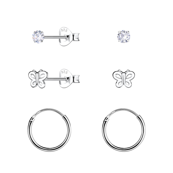 Silver Butterfly Stud and Hoop Earrings Set - 22803