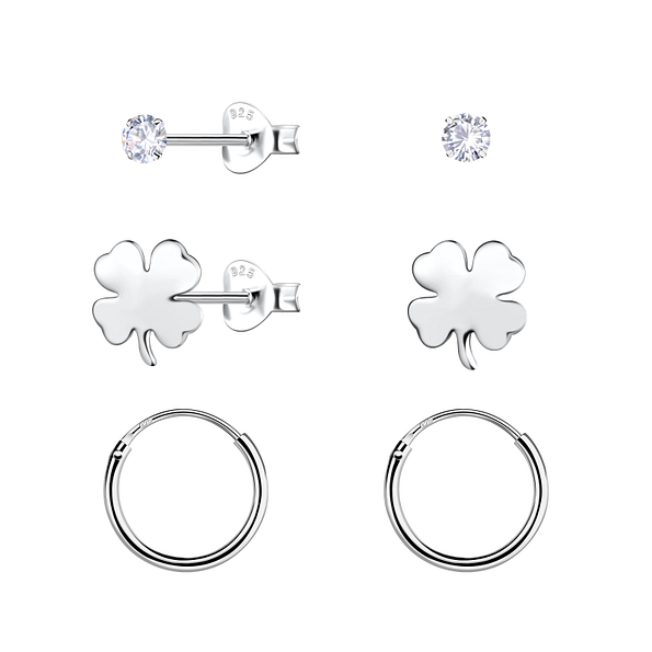 Silver Clover Stud and Hoop Earrings Set - 22800