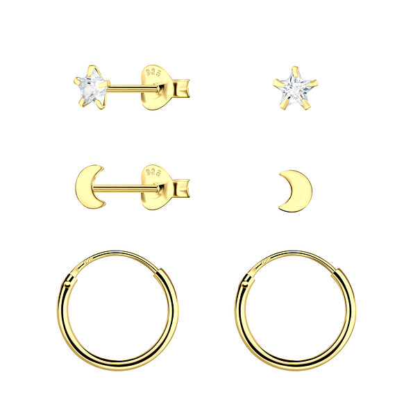 Silver Star Moon Stud and Hoop Earrings Set - 22811