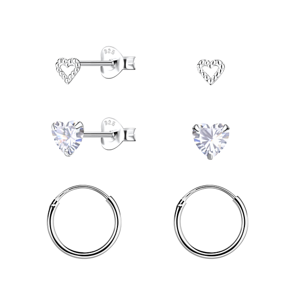 Silver Heart Stud and Hoop Earrings Set - 22808