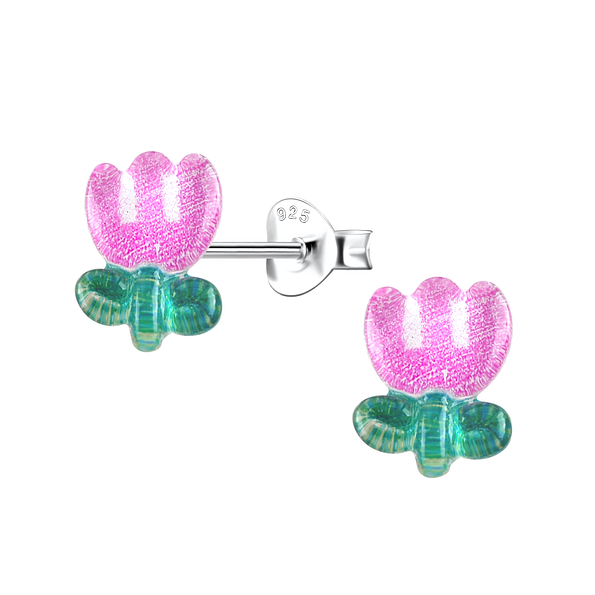 Silver Stud Earrings with Resin Tulip Flower - 22760