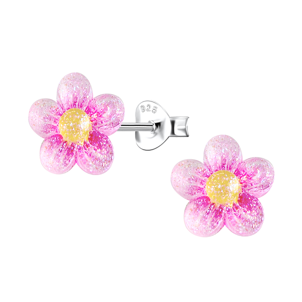 Silver Stud Earrings with Resin Flower - 22765