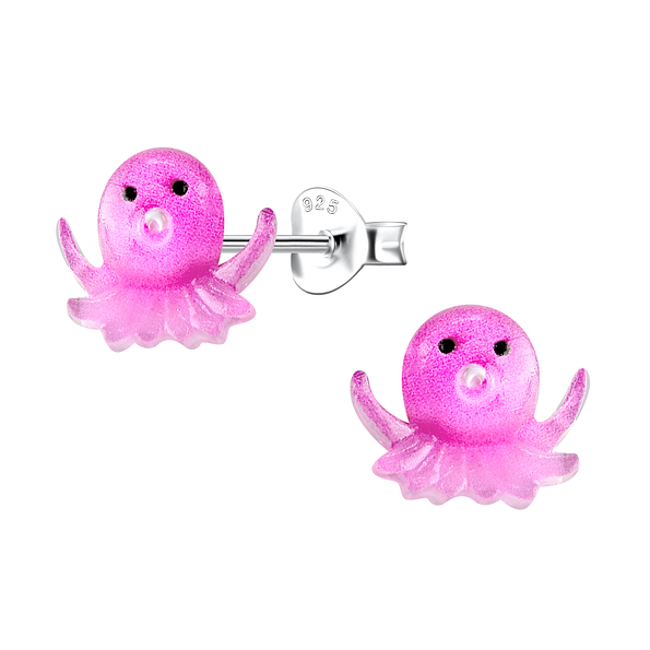 Silver Stud Earrings with Resin Octopus - 22770