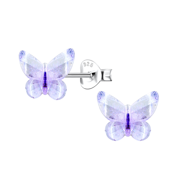 Silver Stud Earrings with Resin Butterfly - 22789
