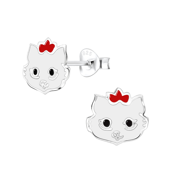 Silver Cat Stud Earrings - 22816
