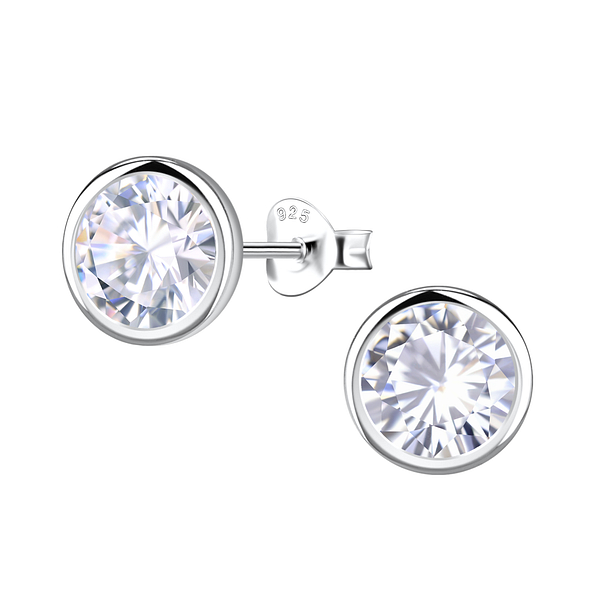 8mm Round Cubic Zirconia Silver Stud Earrings - 22547