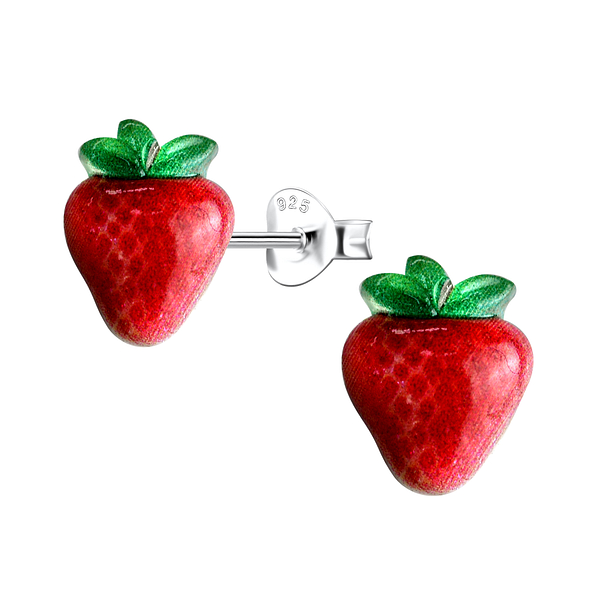 Silver Stud Earrings with Resin Strawberry - 22763