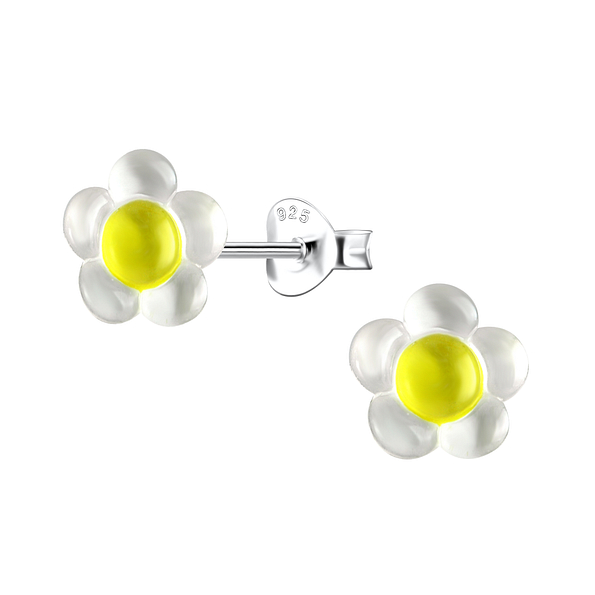 Silver Stud Earrings with Resin Flower - 22764