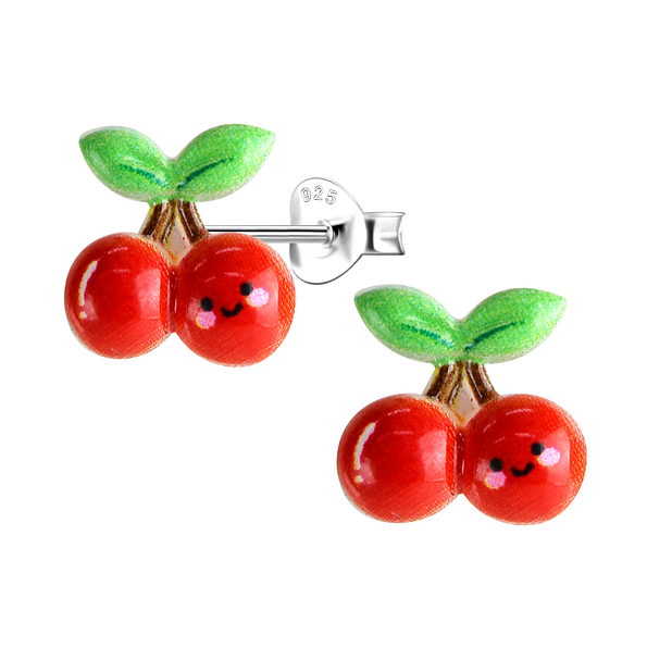 Silver Stud Earrings with Resin Cherry - 22767