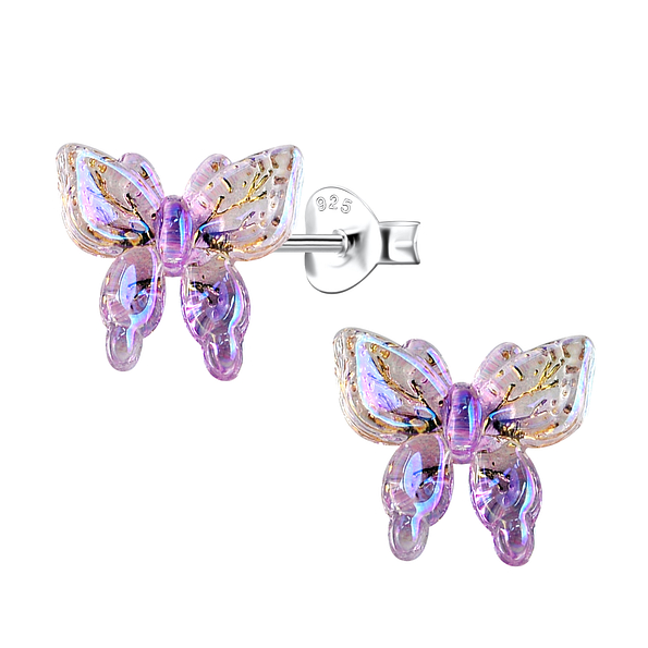 Silver Stud Earrings with Resin Butterfly - 22772