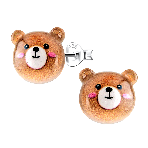 Silver Stud Earrings with Resin Bear - 22773